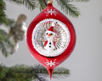 Glazen Grote Rode Reflector Druppel met Sneeuwpop Handgemaakt ornament met Sneeuwvlokken Druppel met Reflector Handgemaakt vrijgeblazen ornament