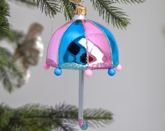 Glass Blue and Pink Umbrella with pom poms Drop Handmade Circus free blown ornameny