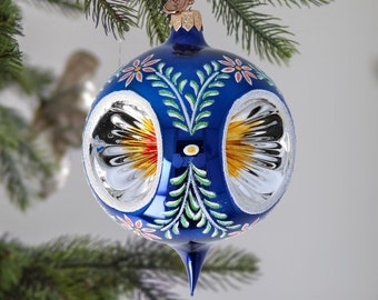 Glass Floral Drop with Reflectors Flower Navy Blue Handmade free blown ornament