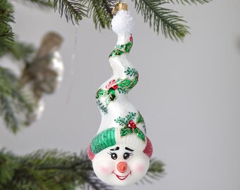 Glass Handmade Holly Flower Snowman in twisted hat Christmas tree decoration Christmas Peppermint Poland Hand made ball ornament Holiday