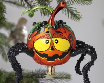 Glas-Kürbis-Spinne frei geblasenes Glas Halloween-Dekoration handgefertigte gruselige Clip-Ornament