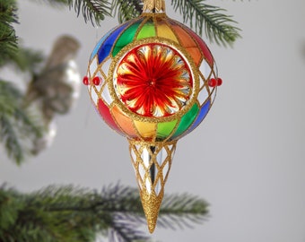 Glass Handmade Harlequin Rainbow Drop with Reflector Handmade Circus free blown ornament