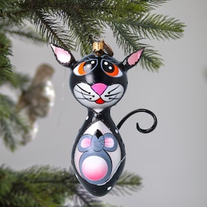 Adorno navideño de cristal soplado con diseño de gato y ratón Love