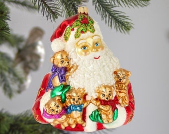 Glass Santa Claus with little teddy bears Handmade Christmas ornament