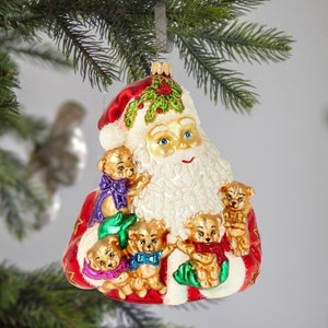 Glass Santa Claus with little teddy bears Handmade Christmas ornament