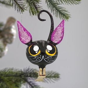 Gato negro de cristal, decoración soplada hecha a mano, clips para árbol de Navidad de gato, adorno