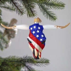 Glass American Flag Bull Skull Handmade USA Flag Longhorn Cow Skull and Horns free blown decoration glass Cow skull Christmas tree ornament