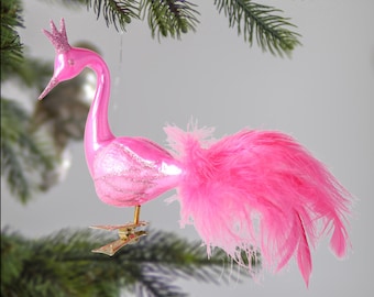 Glass Handmade Royal Pink Swan with feather tail clip on bird ornament Handmade Glass Christmas Ornament