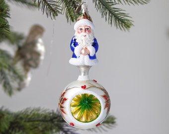 Glass Poinsettia Flower Santa Claus on a reflector ball Ornament Poland Handmade ornament Holiday decoration