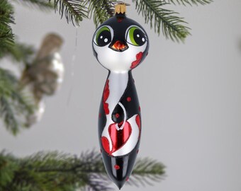 Glass Handmade Big Penguin with hearts animal ornament Glass Christmas Ornament Tree ornament Handmade bauble