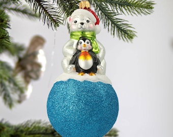 Glass Handmade North Pole best friends Bear and Penguin glass Christmas handmade tree decoration