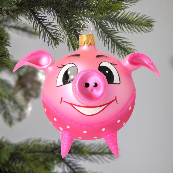 Glas-Weihnachtsbaumschmuck aus mundgeblasenem Glas, rosa Schweinchen