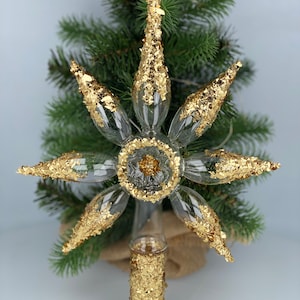 Glass Transparent Reflector Star with Gold Crystals Handmade free blown Tree topper ornament