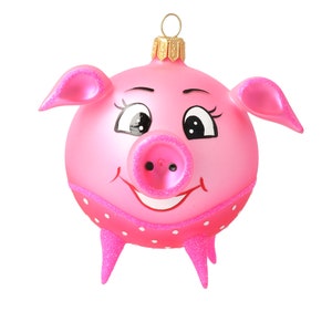 Glass Pink Piggy Pig free blown glass Christmas tree ornament Merry Christmas Holly Holiday Gift Hand made ball