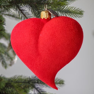 Glass Handmade Flocked Red heart Love ornament Christmas Handmade Ornament