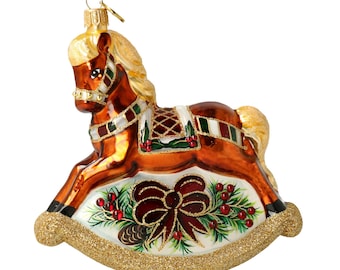 Glass Rocking horse with Holly Flowers Ornament