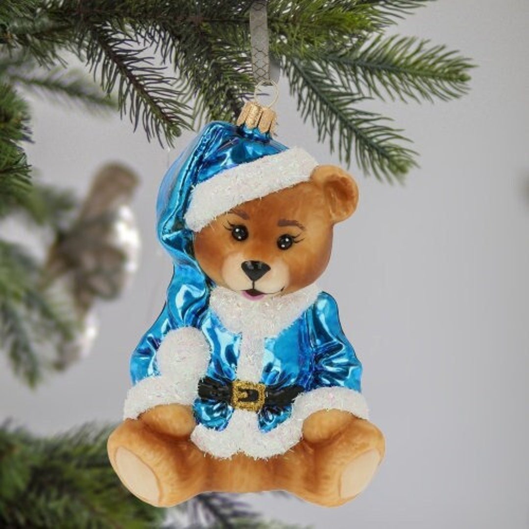 Glass Handmade Blue Winter Bear in Santa Claus Coat Christmas Ornament ...