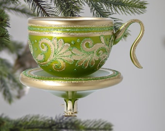 Glass Handmade Green and Gold Floral Teacup Clips Ornament free blown Floral decor handmade clips ornament