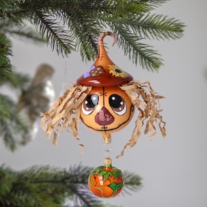 Glass Crop Guardian Thanksgiving Scarecrow with corn Ornament free blown handmade clips ornament