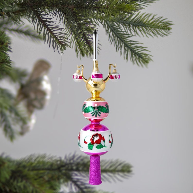 Large Pink Tree Topper Glass Floral Pink Reflector Tree Topper With Baubles Handmade Vintage ...