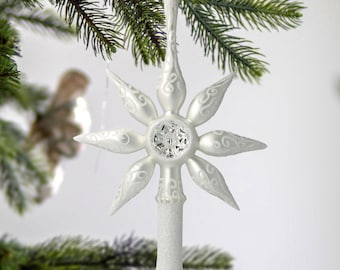 Glass Giant White Star Handmade Vintage Tree top with reflector free blown Tree topper