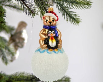 Glass Handmade North Pole best friends Bear and Penguin on snowball ornament Christmas tree decoration Christmas