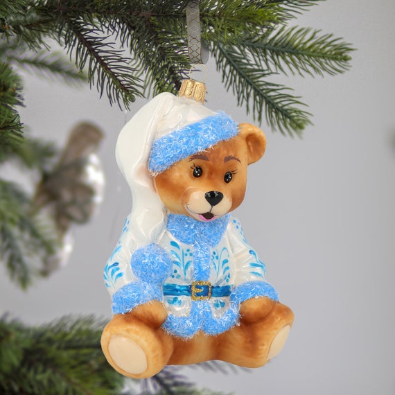Glass Winter Bear in a Santa Coat Christmas Glass Ornament Traditional Decor Etsy