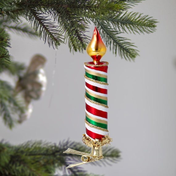 Glass Candle Peppermint Stripes Handmadeclip on Ornament Christmas