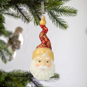 Glass Russian Santa Claus Head with curly hat Mistletoe and Rowan Ornament Poland Handmade ornament Holiday decoration