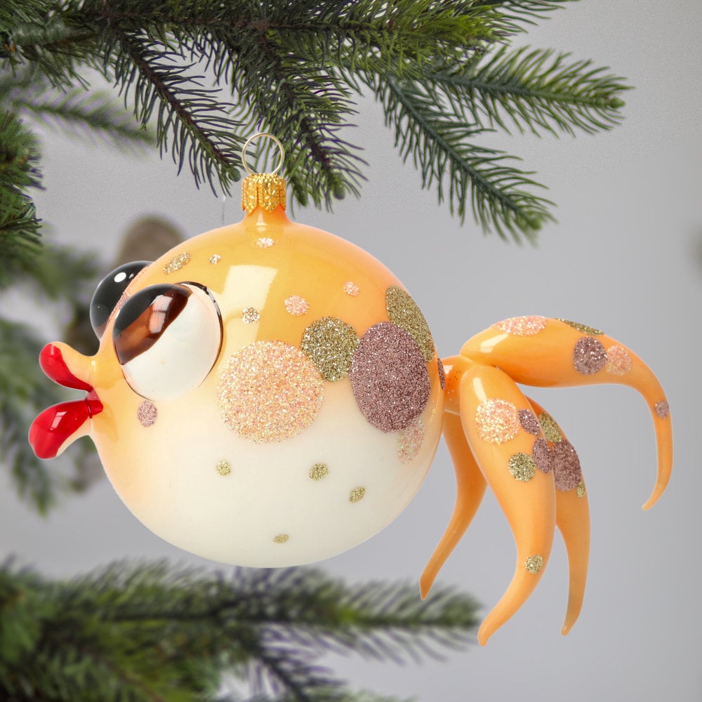 ヴィンテージ　チェコガラスオーナメント　金魚　水玉　クリスマスオーナメント　レア ガラスの金の魚 手作りの自由吹き装飾ガラス クリスマス ツリー