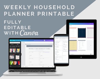 Weekly Household Planner Printable | Canva Template | Cleaning Checklist | Home To Do | Planner Template | Weekly Tasks | Digital Planner