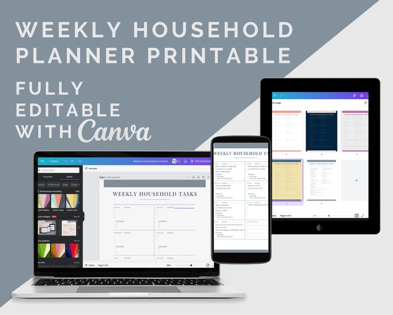 Weekly Household Planner Printable Canva Template Cleaning Checklist Home To Do Planner Template Weekly Tasks Digital Planner image 1