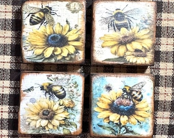 Bee Sunflower Magnets, Primitive Decor, Modern Primitives, Primitive Magnets, Wood Magnets, Magnet