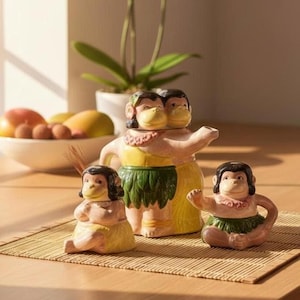 Vintage Monkey Teapot Set, Ceramic Dancing Trio, Hawaiian 80s Kitsch