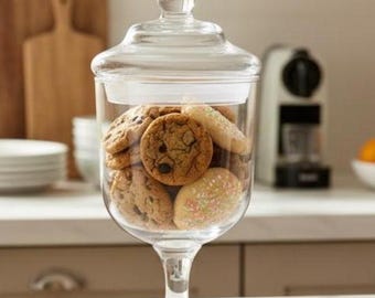 Vintage Large Clear Glass Cookie Jar with Lid - 12" Tall Apothecary Style Biscuit Barrel - Elegant Kitchen Storage - Flawless Glass Canister