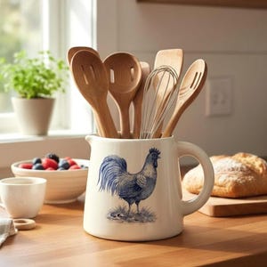 Jarra vintage de gallo azul, jarra de gres color crema, decoración de cocina rústica.