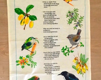 Vintage Mid-Century Linen Tea Towel | "Aspirations" Verse with Birds | Soft Butter Yellow | Unused New Old Stock