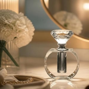 May include: A clear glass perfume bottle featuring a cylindrical body encased in a circular frame, topped with a faceted diamond-shaped stopper. The design is transparent with reflective surfaces, catching light to create a bright, glowing effect.