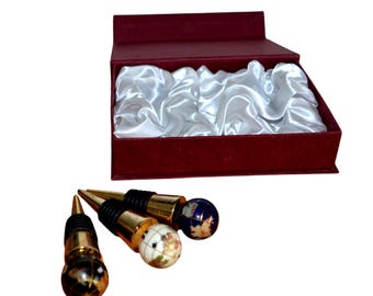 World Globe Bottle Stoppers Set of 3, Navy Black Cream Barware Gift Boxed