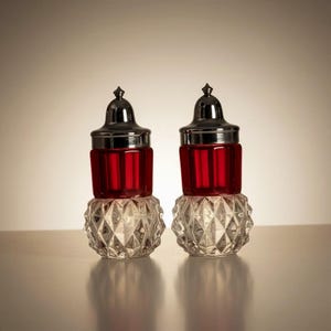 Salero y pimentero antiguos de cristal Indiana Glass Diamond Point color rojo rubí con destellos.