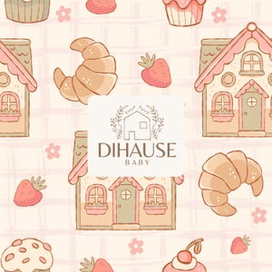 Könnte beinhalten: Ein rosa-grünes, illustriertes Muster mit Häusern, Croissants, Erdbeeren, Cupcakes und Blumen. Das Muster enthält den Text "DIHAUSE BABY".