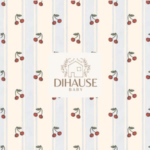 May include: A seamless pattern featuring red cherries on a white background with blue and white stripes. The pattern includes the text "DIHAUSE BABY".
