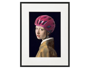 May include: A framed painting of a woman wearing a pink bicycle helmet. The woman is wearing a yellow jacket and has a pearl earring. The background is dark.