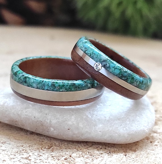 Fedi nuziali in legno con intarsio in malachite e acciaio anello swarovski anello per lei e per lui Etsy Italia