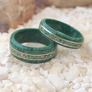 Alianças de casamento feitas de malaquita, jadeíta e incrustações de prata, anel para ela e para ele, aliança de casamento