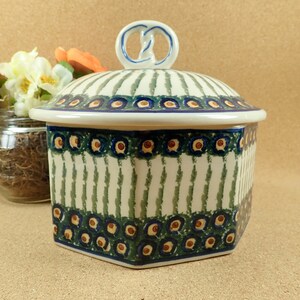 Polish Pottery Pretzel Container - Eight Sided Geometric Octagon Bowl with Lid - Stamped on the bottom - Authentic Paper Sticker