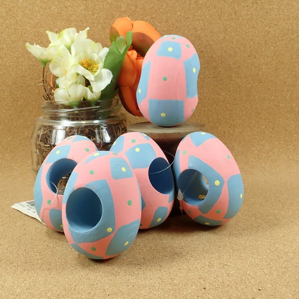 Wood Easter Egg Napkin Ring Holders - Set of 5 Painted Matte Finish - Vintage Original Tags - Pink Blue Holiday Place Setting Decoration