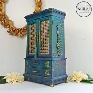 Peacock Jewelry Armoire, Painted Musical Box, Exotic Bird Jewel Organizer, Vintage Metallic Jewelry Box, Iridescent Peacock Feather Gift