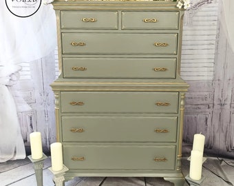 Vintage Queen Ann Style Dresser, Hand Painted Reproduction, 7 Drawer Tallboy, FREE COLLECTION/Local Delivery