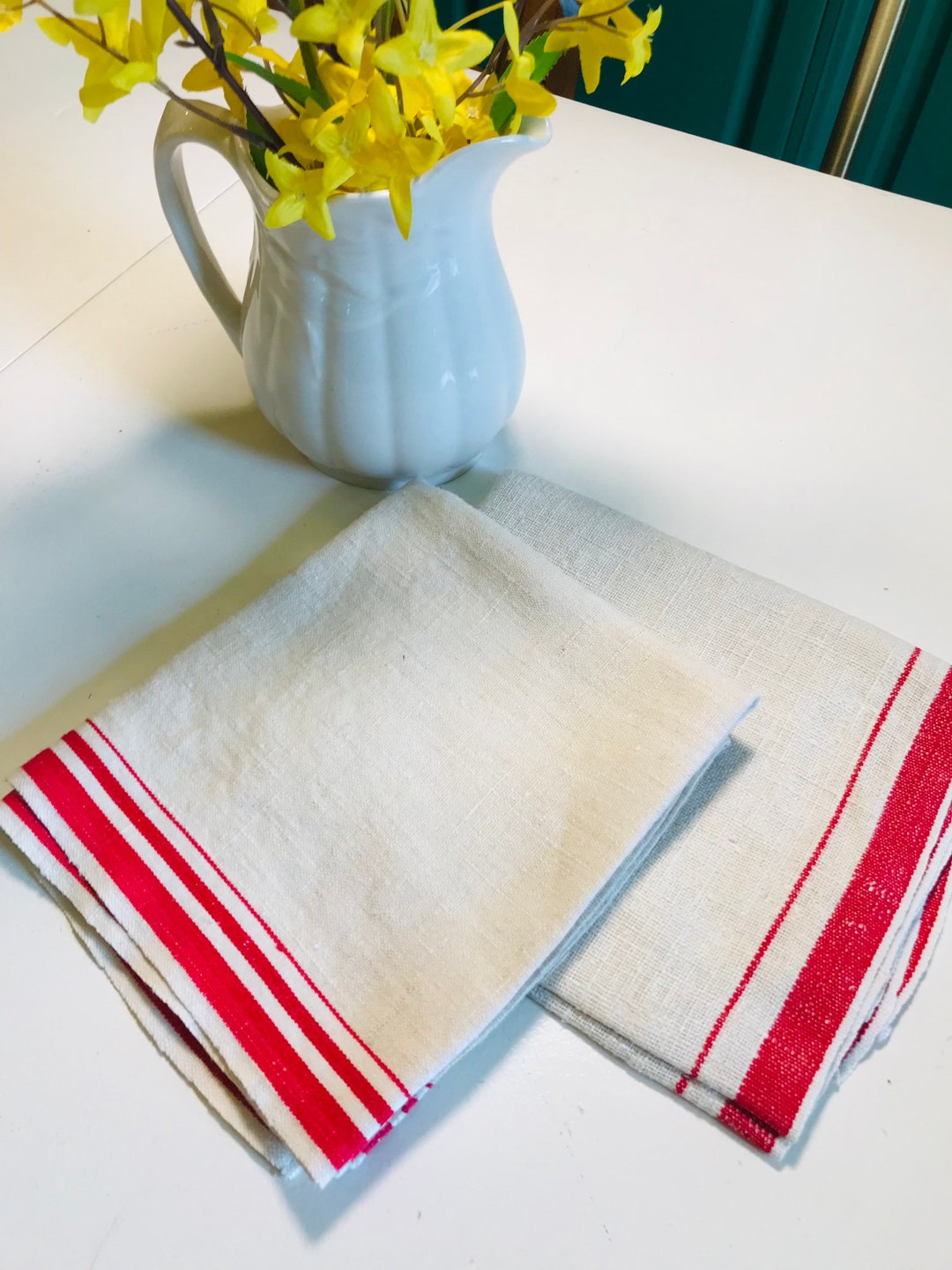 Vintage Linen Tea Towels With Red Stripes Etsy